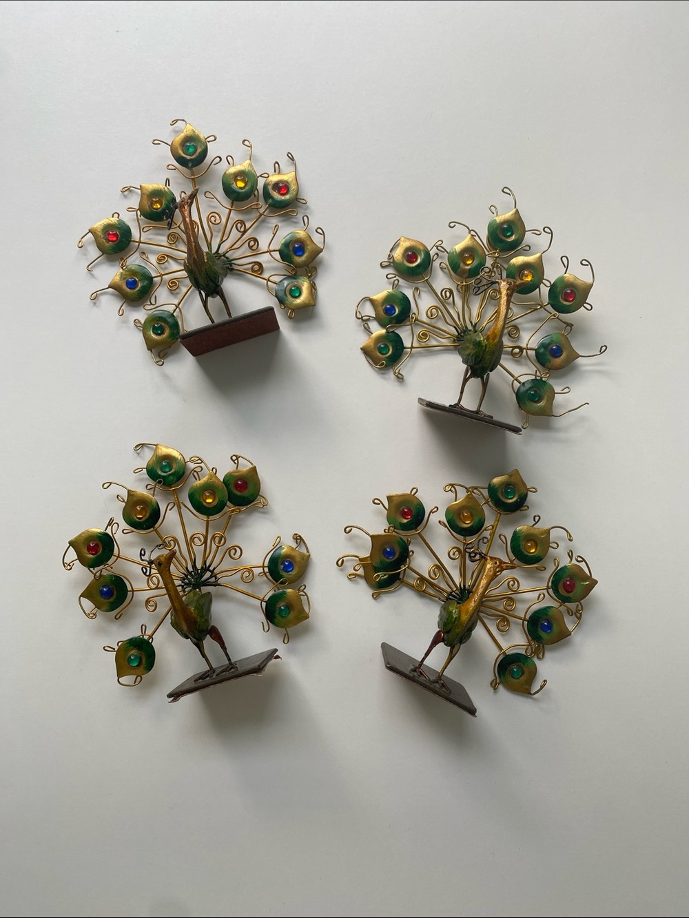 Set of 4 Gold & Green Metal Peacock Figurines / Place-card Holders